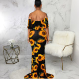 Sexy Sunflower Print Slash Neck Maxi Dress SMR-9877