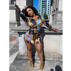 Plus Size Retro Print Long Sleeve Shirt Dress SMR-9758