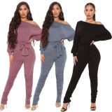 Solid Long Sleeve Sashes One Piece Jumpsuits SMR-9869