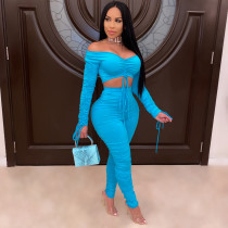 Sexy Off Shoulder Ruched Long Sleeve 2 Piece Sets SMR-9737