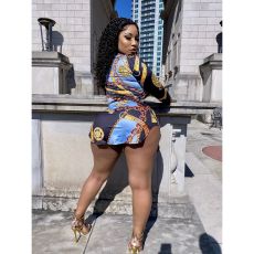 Plus Size Retro Print Long Sleeve Shirt Dress SMR-9758