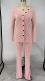 Solid Rib  Buttons Tops Long Pants 2 Piece Sets XMY-9276