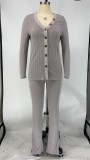 Solid Rib  Buttons Tops Long Pants 2 Piece Sets XMY-9276