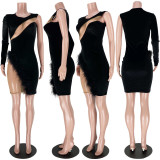 Sexy Nightclub Feather Mesh Irregular Dress ASL-6317