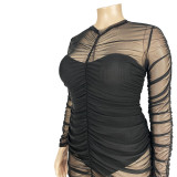 Plus Size 5XL Sexy Nightclub Mesh Ruched Midi Dress ASL-7001