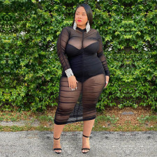Plus Size 5XL Sexy Nightclub Mesh Ruched Midi Dress ASL-7001