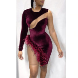 Sexy Nightclub Feather Mesh Irregular Dress ASL-6317