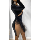 Sexy Nightclub Feather Mesh Irregular Dress ASL-6317