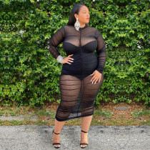 Plus Size 5XL Sexy Nightclub Mesh Ruched Midi Dress ASL-7001