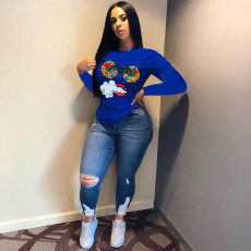 Cartoon Print O Neck Long Sleeve T Shirt Top BGN-132