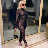 Sexy Mesh Patchwork Long Sleeve Lace Up Jumpsuits CHY-1293