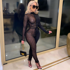 Sexy Mesh Patchwork Long Sleeve Lace Up Jumpsuits CHY-1293