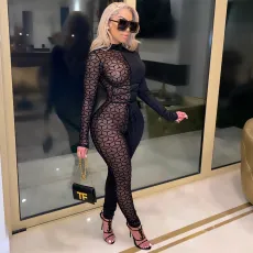 Sexy Mesh Patchwork Long Sleeve Lace Up Jumpsuits CHY-1293
