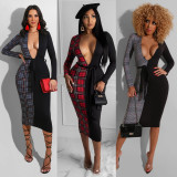 Sexy Plaid Patchwork Deep V Neck Sashes Midi Dress CHY-1288