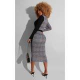 Sexy Plaid Patchwork Deep V Neck Sashes Midi Dress CHY-1288