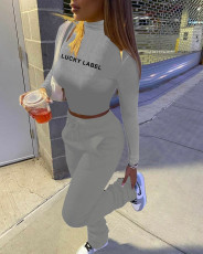 Solid Color Lucky Label Letter Print Long Sleeve Top And Stacked Pants Two Piece Set JPF-1011