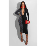 Sexy Plaid Patchwork Deep V Neck Sashes Midi Dress CHY-1288
