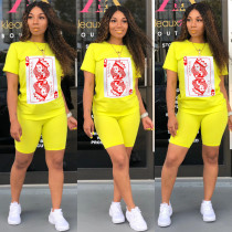 Poker Print Short Sleeve Two Piece Shorts Set WY-6679