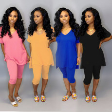 Solid V Neck Split Tops Cropped Pants 2 Piece Sets WY-6566