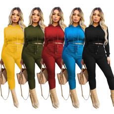 Solid Long Sleeve Hooded Two Piece Pants Set TR-1091