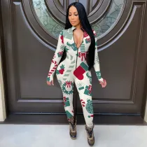Christmas Printed Zipper Long Sleeve Jumpsuit YMT-6189-1