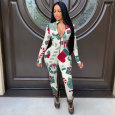 Christmas Printed Zipper Long Sleeve Jumpsuit YMT-6189-1
