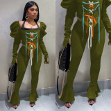 Casual Lace Up Puff Sleeve Flared Pants 2 Piece Sets NIK-195