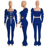Casual Lace Up Puff Sleeve Flared Pants 2 Piece Sets NIK-195