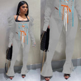 Casual Lace Up Puff Sleeve Flared Pants 2 Piece Sets NIK-195