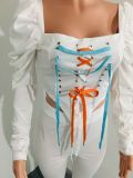 Casual Lace Up Puff Sleeve Flared Pants 2 Piece Sets NIK-195