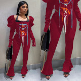 Casual Lace Up Puff Sleeve Flared Pants 2 Piece Sets NIK-195