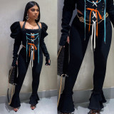 Casual Lace Up Puff Sleeve Flared Pants 2 Piece Sets NIK-195
