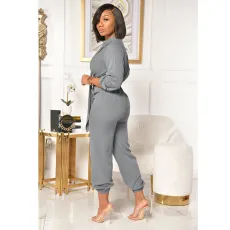 Plus Size Solid V Neck Tie Up Long Sleeve Jumpsuits YIY-5239