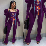 Casual Lace Up Puff Sleeve Flared Pants 2 Piece Sets NIK-195