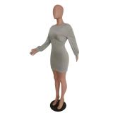 Solid Lantern Sleeve High Waist Mini Dress MEM-8317