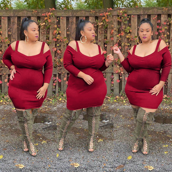 Plus Size 5XL Strap Off Shoulder Long Sleeve Mini Dress ASL-7005