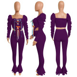 Casual Lace Up Puff Sleeve Flared Pants 2 Piece Sets NIK-195