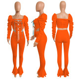 Casual Lace Up Puff Sleeve Flared Pants 2 Piece Sets NIK-195