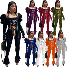 Casual Lace Up Puff Sleeve Flared Pants 2 Piece Sets NIK-195