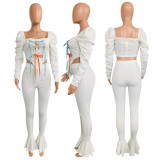Casual Lace Up Puff Sleeve Flared Pants 2 Piece Sets NIK-195