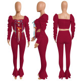 Casual Lace Up Puff Sleeve Flared Pants 2 Piece Sets NIK-195