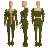 Casual Lace Up Puff Sleeve Flared Pants 2 Piece Sets NIK-195