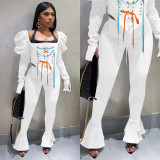 Casual Lace Up Puff Sleeve Flared Pants 2 Piece Sets NIK-195