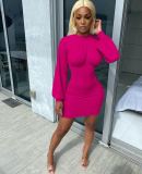 Solid Lantern Sleeve High Waist Mini Dress MEM-8317