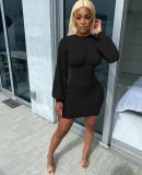 Solid Lantern Sleeve High Waist Mini Dress MEM-8317