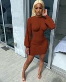 Solid Lantern Sleeve High Waist Mini Dress MEM-8317