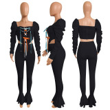 Casual Lace Up Puff Sleeve Flared Pants 2 Piece Sets NIK-195