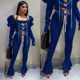 Casual Lace Up Puff Sleeve Flared Pants 2 Piece Sets NIK-195