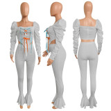 Casual Lace Up Puff Sleeve Flared Pants 2 Piece Sets NIK-195