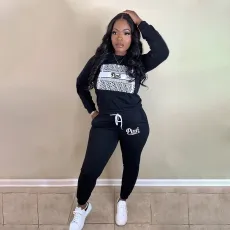 Plus Size Pink Letter Print Two Piece Pants Set WAF-P5011
